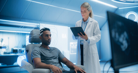 Aufkleber - Doctor Conducts an Advanced Brain Scan on a Male Patient in a Futuristic Laboratory, Using High-tech Monitors and Sophisticated Neurological Devices for Analysis