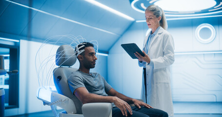Aufkleber - Female Doctor in a Futuristic Lab Using Advanced Technology to Scan Patient's Brain, Analyzing Data on High-tech Monitors. Patient, Connected to a High-Tech Device