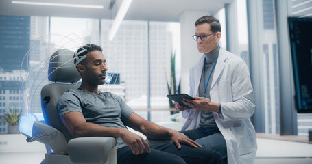 Aufkleber - Futuristic Laboratory: Male Patient Wearing Headset for an Advanced Brain Scan, Monitored by a Doctor Using Digital Tablet Computer. Neural Disease Research and Cognitive Optimization Using Technology