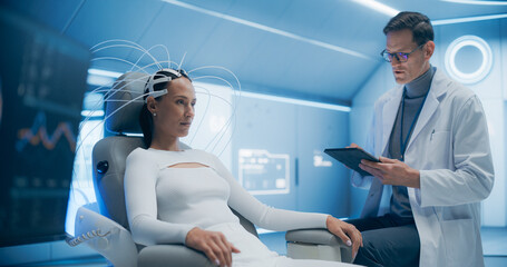 Aufkleber - Futuristic Laboratory, Female Patient Wearing Headset for a Brain Scan With Advanced Neural Technology, Monitored by a Doctor. Advanced Research on Neural Diseases. Medical Consultation