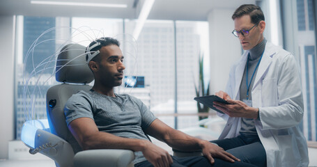 Aufkleber - Futuristic Laboratory: Male Patient Wearing Headset for an Advanced Brain Scan, Monitored by a Doctor Using Digital Tablet Computer. Neural Disease Research and Cognitive Optimization Using Technology