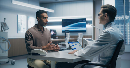Aufkleber - Male Specialist Discusses Health Data With a Male Patient in a High-tech Medical Lab, Utilizing Advanced Equipment for Precise Analysis in a Modern Hospital Setting