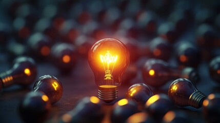 Aufkleber - A glowing light bulb stands out among many dark, unlit bulbs, symbolizing innovation and creativity in a sea of conventionality.