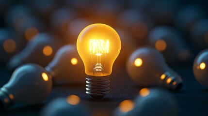 Poster - A glowing light bulb stands out among dim, unlit bulbs, symbolizing innovation and ideas in a creative context.