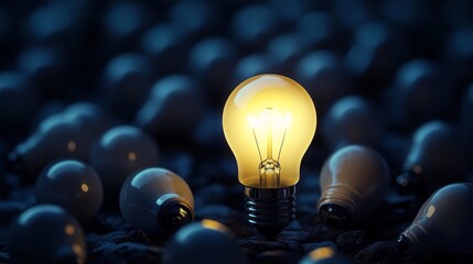 Poster - A glowing light bulb stands out among many unlit bulbs in a dark setting, symbolizing creativity and inspiration.