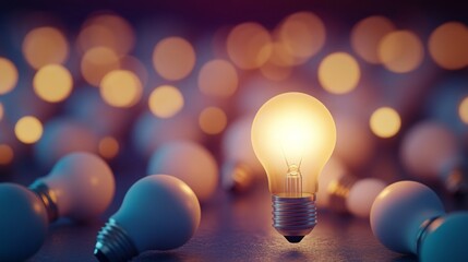 Poster - A glowing light bulb stands out among dim, unlit bulbs, symbolizing innovation and creativity in a visually captivating scene.