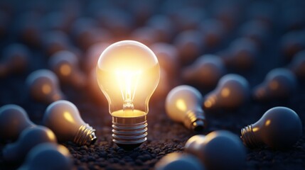 Aufkleber - A glowing light bulb stands out among many dim bulbs, symbolizing innovation, inspiration, and the power of ideas.