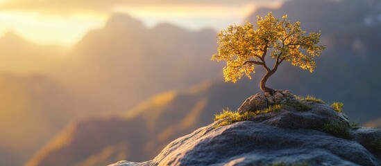 Wall Mural - Golden hour light bathes a solitary small tree on a rock with vibrant golden leaves surrounded by soft-focus mountains in the background