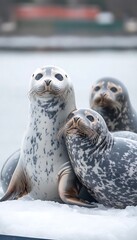 Wall Mural - Harbor seals huddle, winter ice, blurred ships