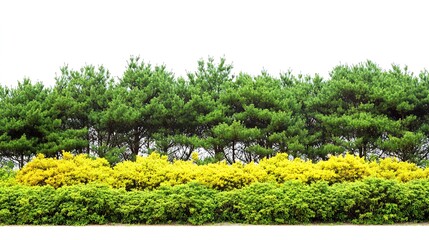 Green pine and yellow bush landscape; nature hedge; garden design; website banner