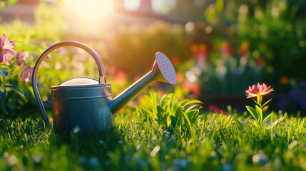 Metal watering can in green countryside flowers garden. Green spring summer background