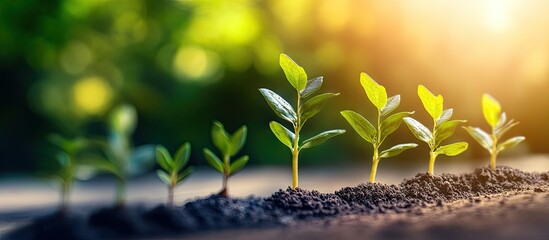 Canvas Print - Young green seedlings growing in a row on dark soil with soft sunlight shining from the right creating a warm, vibrant atmosphere for growth.