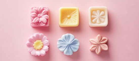 Colorful floral soap bars arranged on a soft pink background featuring three square-shaped soaps in pastel colors and two larger flower-shaped soaps.