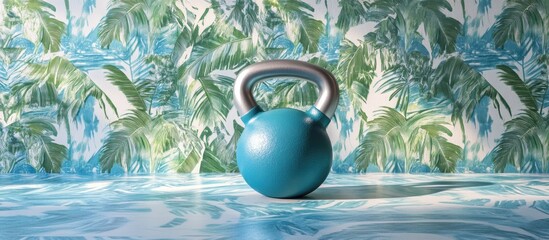 Vibrant blue kettlebell centered against a tropical palm leaf background with a glossy blue floor, ideal for fitness and training equipment promotion.