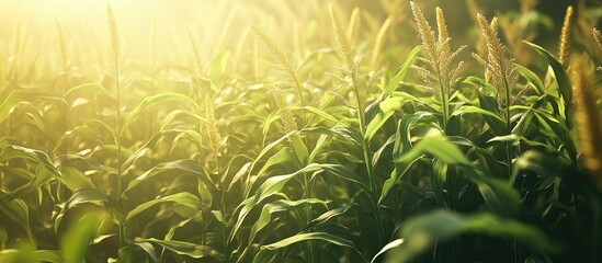 Canvas Print - Golden corn stalks with lush green leaves in a sunlit field, gently swaying in warm breeze, showcasing nature's beauty and abundance.