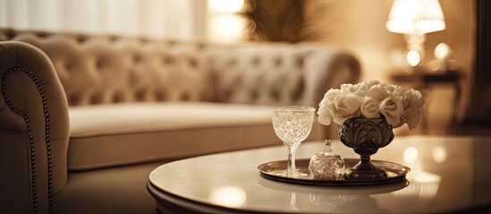 Sticker - Elegant living room scene featuring a plush cream sofa with warm brown tones, a glass side table adorned with a flower arrangement and crystal glass.