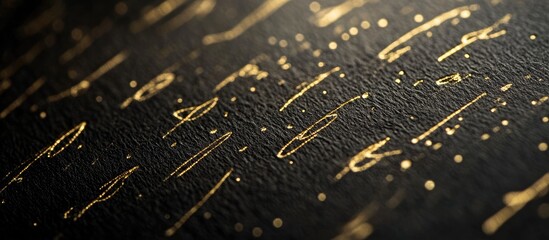 Elegant close-up of intricate gold cursive handwriting on textured black paper, showcasing artistry and detail in letter formation and penmanship.