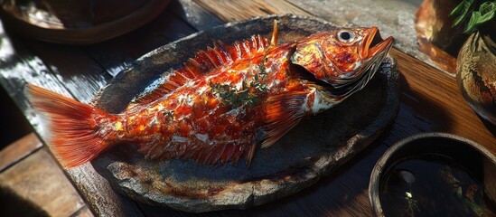 Sticker - Vibrant marinated fish on a rustic wooden table with rich orange and red hues displaying glossy textures and a natural presentation.