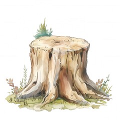 Stump with Growing Moss on white background Drawing watercolor illustration art