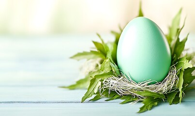 Pastel egg nest spring leaves wood background