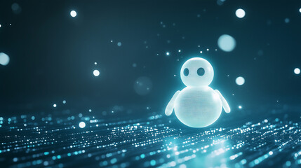 Glimmering AI: A luminous, stylized AI robot stands on a platform of data, radiating soft light and surrounded by glowing particles in a serene, futuristic setting.  