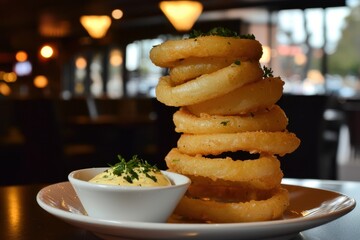 Wall Mural - Crispy Onion Rings with a Dip Golden, batter-coated onion rings stacked on a white plate with a spicy dipping sauce. Garnished with chopped parsley for a fresh pop of color