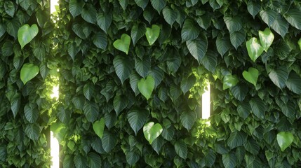 Wall Mural - Luminous Green Wall Dense Foliage, Vertical Composition, Light Gaps, Nature Photography, 3D Render, Green Leaves Green wall, 3D rendering