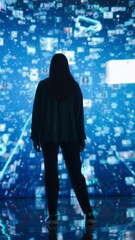 Wall Mural - vertical screen: woman standing before a dynamic digital screen, immersed in internet visualization.
