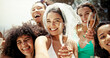 © peopleimages.com - Champagne, selfie and smile of bachelorette friends outdoor at luxury hotel for celebration together. Hen party, toast or vacation with woman and bridesmaids at resort for drinking or photograph