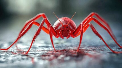 Close-up of a Red Spider with Eight Hairy Legs and Antennae on a Grey Textured Surface