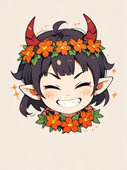 Canvas Print - Smiling Demon Girl with Flower Crown: A cheerful illustration of a cute demon character adorned with a vibrant flower crown, showcasing a joyful expression and playful horns.