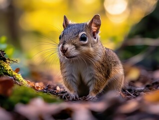 Wall Mural - a charming chipmunk with its big eyes stands among the autumn leaves in the forest