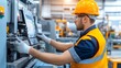 © UMPH.CREATIVE - Factory Worker Operating Industrial Machinery Wearing Safety Gear and Protective Clothing A Male Technician Uses a Control Panel