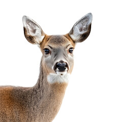 Wall Mural - A high-resolution close-up portrait of a female deer (doe), showcasing its soft fur and expressive eyes, isolated on a transparent background.