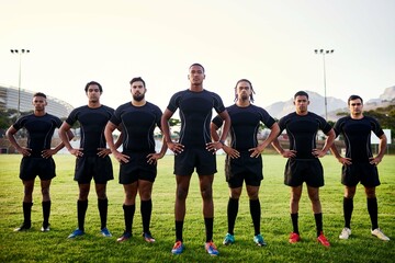 Poster - Men, portrait or rugby with team in row on grass field for sport game, ready or challenge. Young, group or football players in line or confidence with captain for competition or tournament on stadium