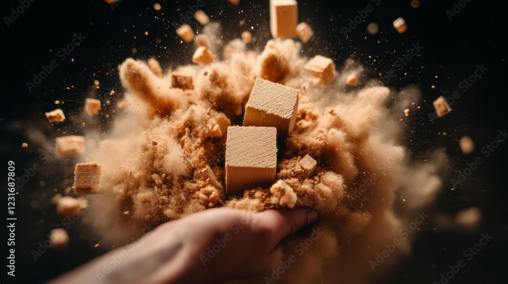 An overhead view of a wooden tower collapsing in multiple directions ...
