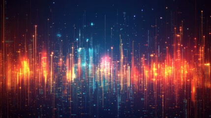 Futuristic city skyline, digital data streams, glowing, night, abstract, background, technology, website