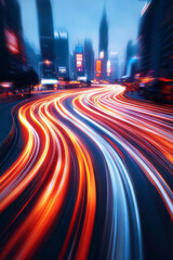 Poster - An artistic photograph depicting swirling ribbons of red and white lights racing across a dark city street, emphasizing abstract motion in the neon-lit metropolis,