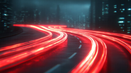 Poster - A cinematic still frame with fluid lines of city traffic lights snaking through a deserted roadway, evoking a sense of urban energy and abstract beauty,