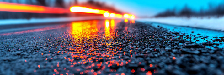 Aufkleber - A high-resolution close-up of a sleek black road surface reflecting fragmented streaks from passing headlights and street lamps,