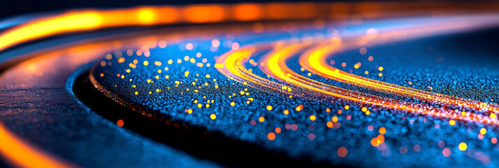 Fototapete - A high-resolution close-up of a sleek black road surface reflecting fragmented streaks from passing headlights and street lamps,