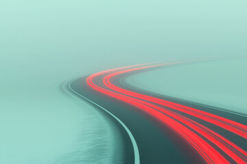 Poster - A minimalist depiction of a straight urban boulevard at night, layered with stark white and red light trails bending slightly with perspective,