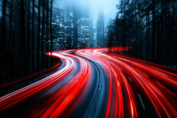 Poster - A minimalist depiction of a straight urban boulevard at night, layered with stark white and red light trails bending slightly with perspective,