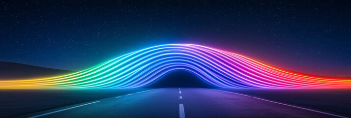 Poster - A surreal composition showing streaks of rainbow-like lights forming abstract patterns across a deserted road under starry skies,