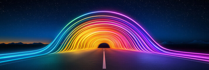 Poster - A surreal composition showing streaks of rainbow-like lights forming abstract patterns across a deserted road under starry skies,