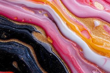 Poster - A high-resolution macro shot capturing dynamic ribbons of red, pink, black, and gold paint swirling together with flecks of shimmering glitter,
