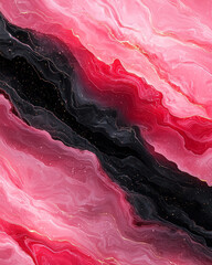 Poster - A cinematic overhead photograph of fluid acrylics in a marbling technique, where vibrant reds and soft pinks meet bold black and metallic gold sparks,