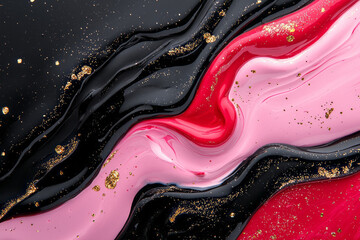 Poster - A dynamic shot of swirling liquid paint pools in contrasting red, pink, and black, sprinkled delicately with sparkling gold particles,