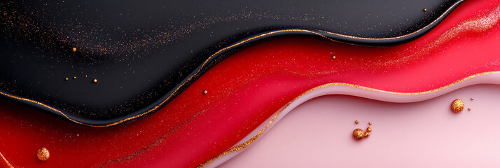 Poster - An elegant closeup focusing on marbled waves of red and pink tinted with subtle black veining, illuminated by fine golden glitter,