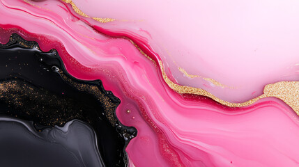 Poster - A vibrant photograph of layered paint marbling in pink and red shades, contrasted by deep black streaks and sprinkled with fine gold glitter,